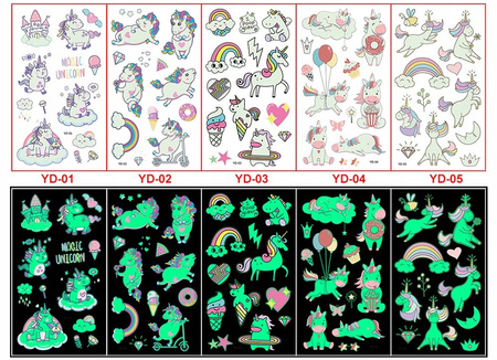 TATUAŻE ZMYWALNE KALKOMANIE ŚWIECĄCE W CIEMNOŚCI JEDNOROŻEC 5 ARKUSZY