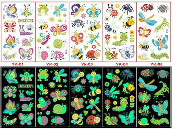 TATUAŻE ZMYWALNE KALKOMANIE ŚWIECĄCE W CIEMNOŚCI ROBAKI OWADY 5 ARKUSZY