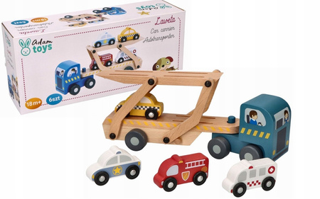 ADAM TOYS LAWETA DREWNIANA CIĘŻARÓWKA Z 4 AUTKAMI