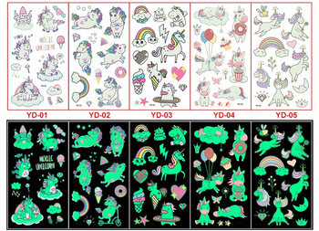 TATUAŻE ZMYWALNE KALKOMANIE ŚWIECĄCE W CIEMNOŚCI JEDNOROŻEC 5 ARKUSZY