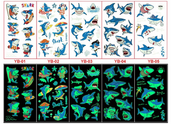 TATUAŻE ZMYWALNE KALKOMANIE ŚWIECĄCE W CIEMNOŚCI DLA DZIECI 5 ARKUSZY REKIN