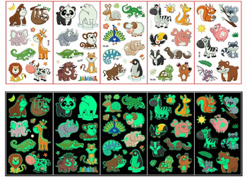 TATUAŻE ZMYWALNE KALKOMANIE ŚWIECĄCE W CIEMNOŚCI ZWIERZĘTA 5 ARKUSZY
